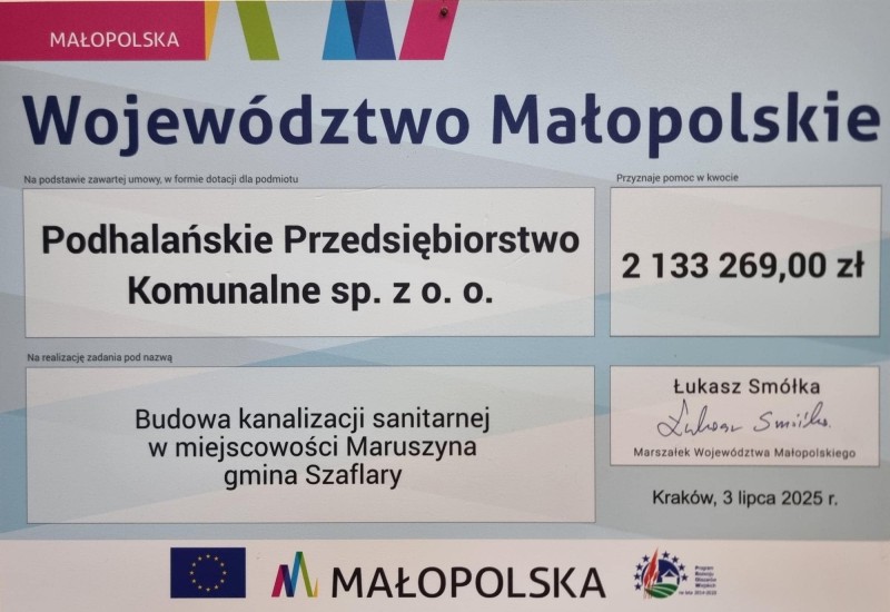Ponad 3,7 mln zł dotacji na realizację projektów pn. „Budowa kanalizacji sanitarnej w miejscowości Poronin ul. Jesionkówka” oraz „Budowa kanalizacji sanitarnej w miejscowości Maruszyna gmina Szaflary” ze środków  UE w ramach PROW na lata 2014-2020